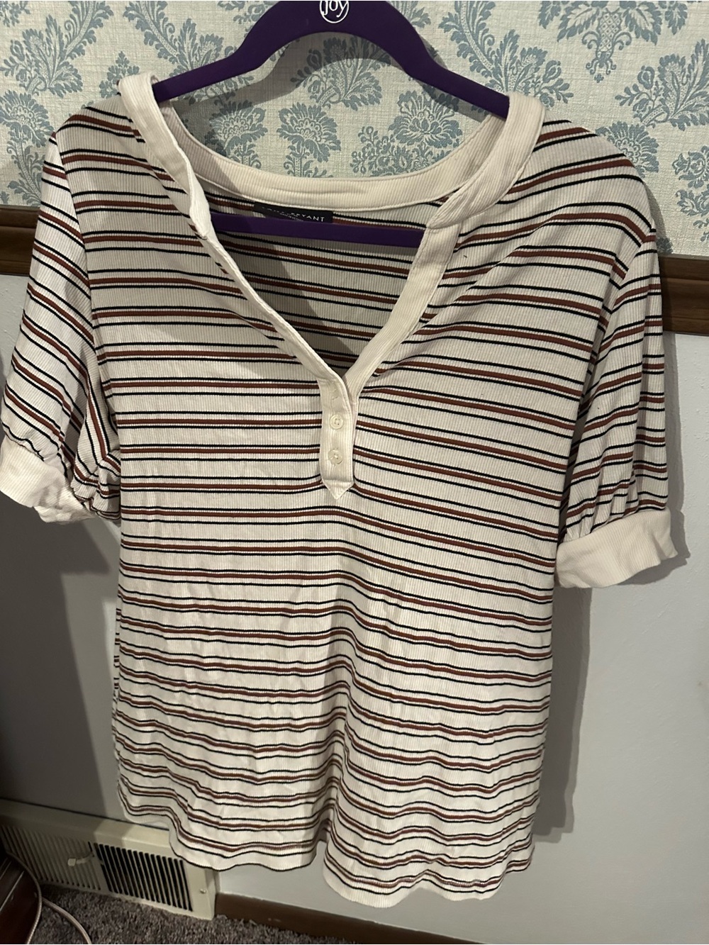 Lane Bryant Cream Short-Sleeve Henley Tee with Brown & Black Stripes